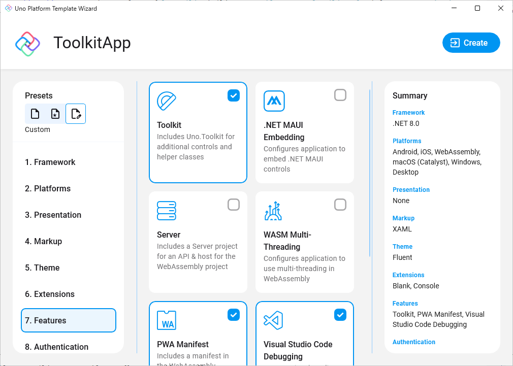 Toolkit selection in the Uno Platform Template Wizard