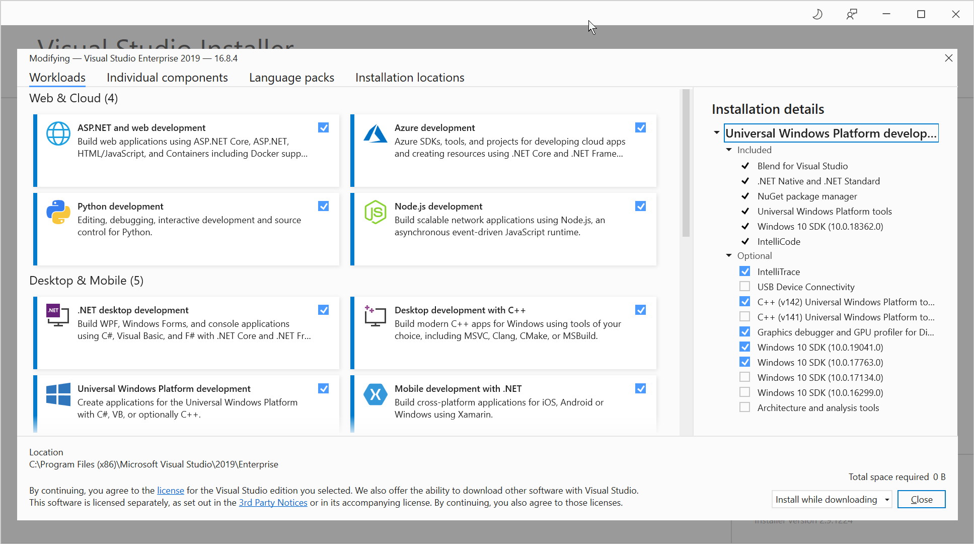 Visual Studio Installer UWP SDK Options